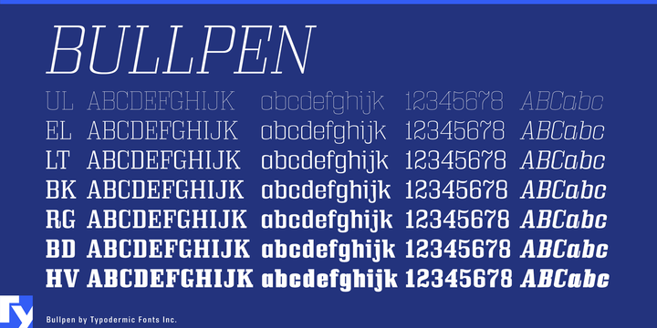 Przykład czcionki Bullpen Rg Bold Italic