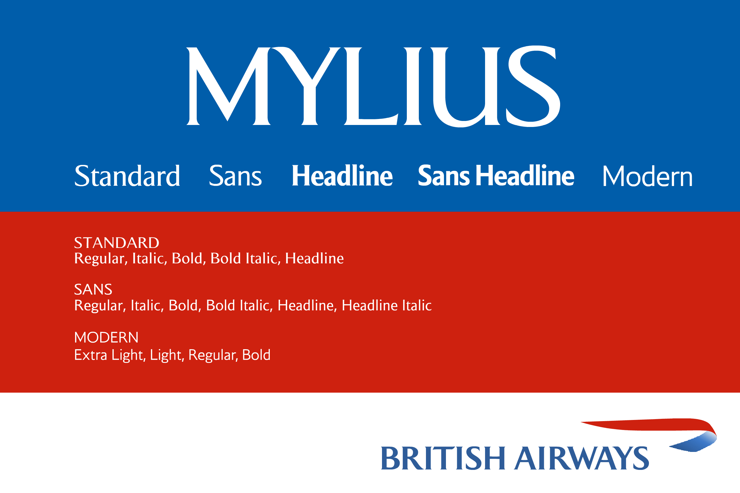 Przykład czcionki Mylius Modern (British Airways)